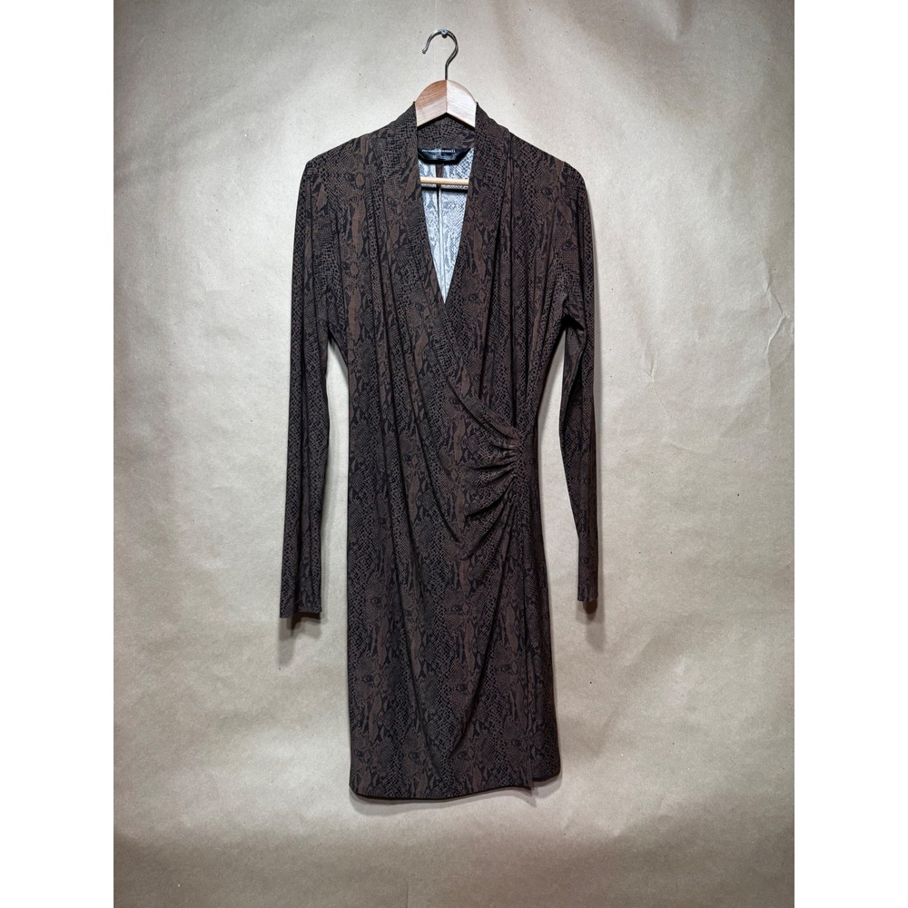 Norma Kamali Cocoa Python Snake Print Faux Wrap Dress Long Sleeve Brown Large